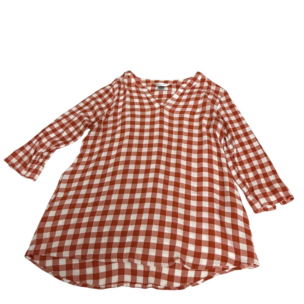 Christopher & Banks Womens Medium Burnt Orange Gingham 3/4 Sleeve Tunic Blouse